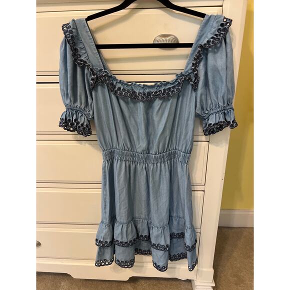 Stellah Washed Denim Puff-Sleeve Tiered Mini Dress Women's Size Small Western - Picture 4 of 6